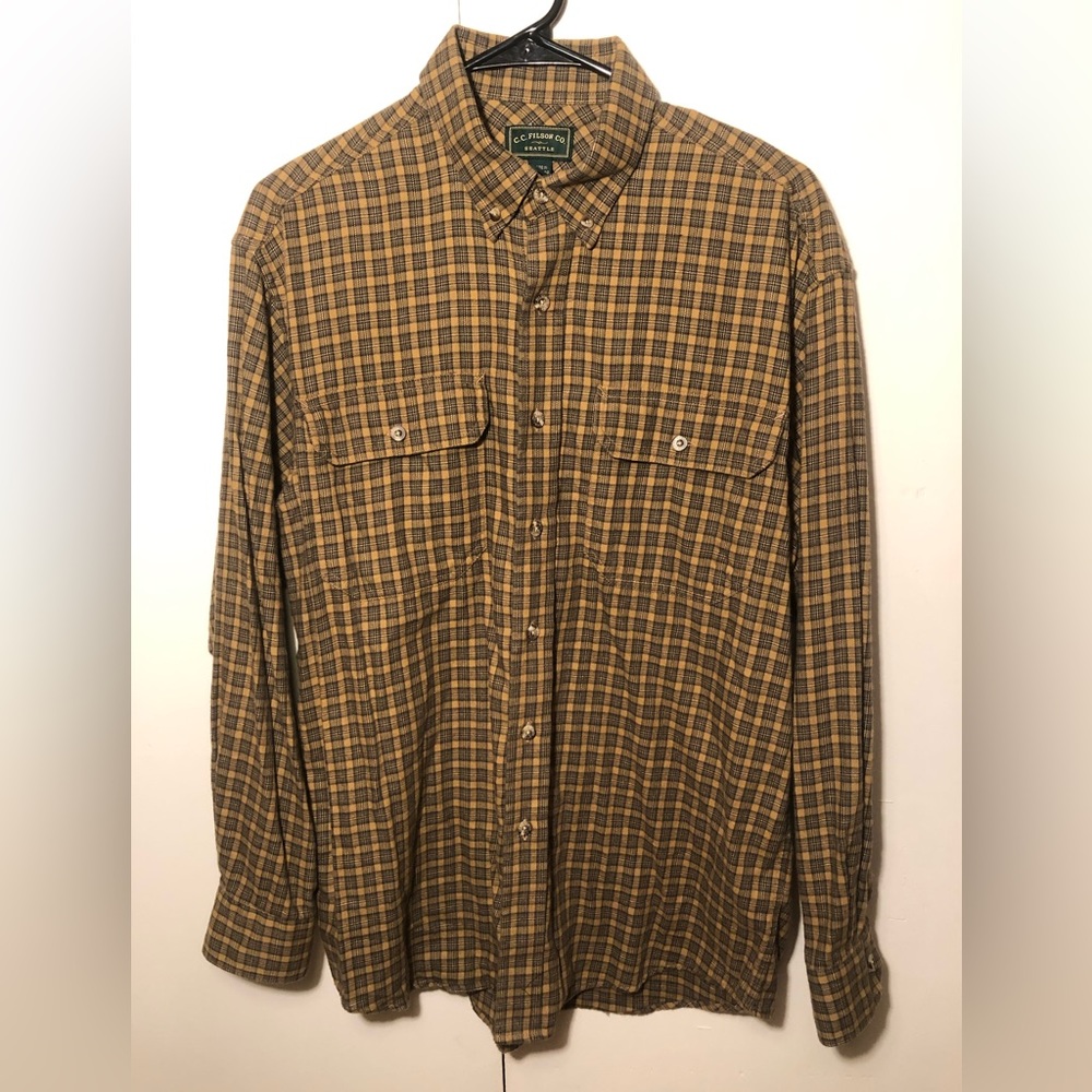 CC Filson Button Up Flannel Shirt Mens Medium Tan Brown Plaid 100% Cotton